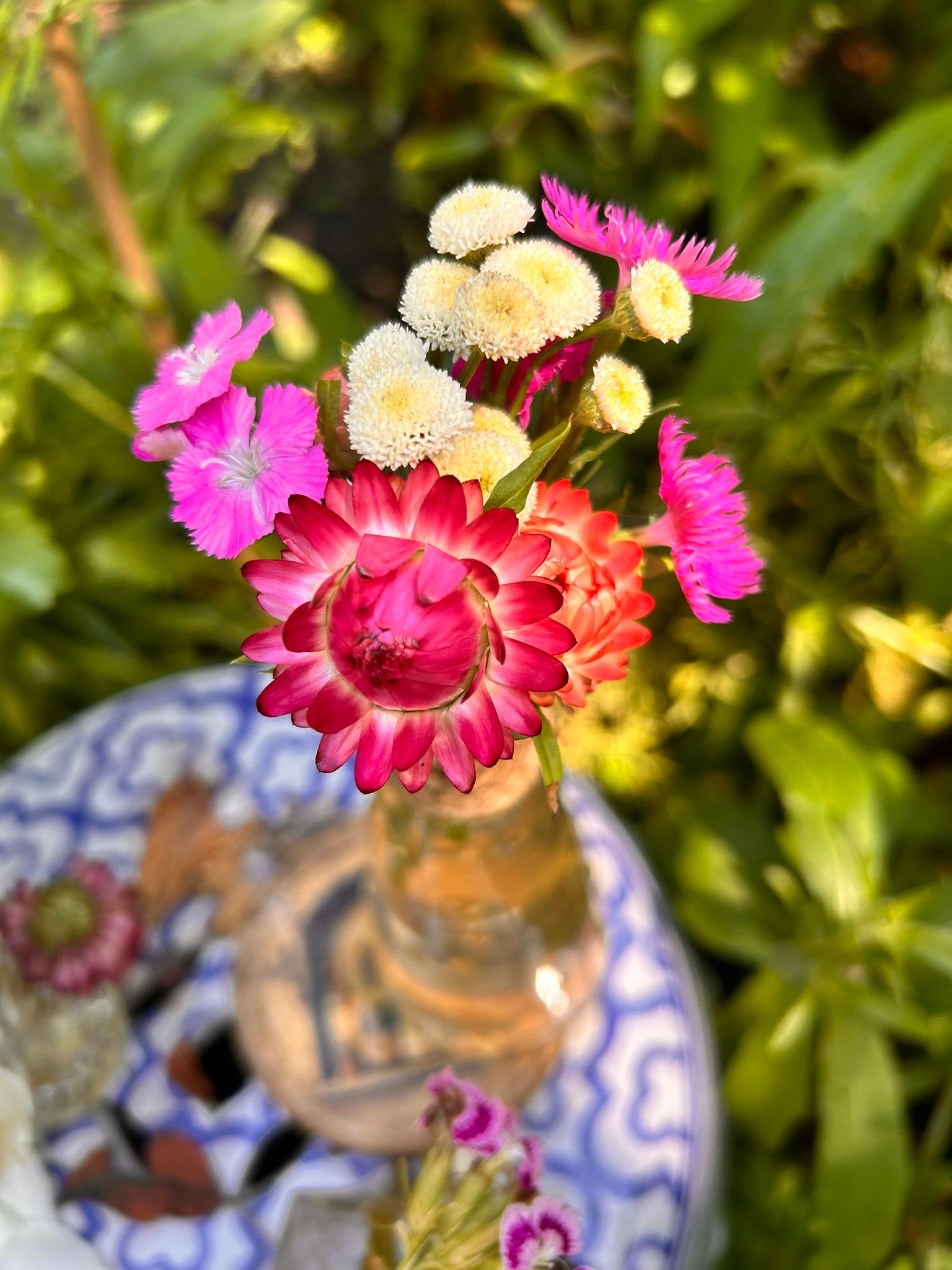 Tiny pink arrangement in a small glass bottle.