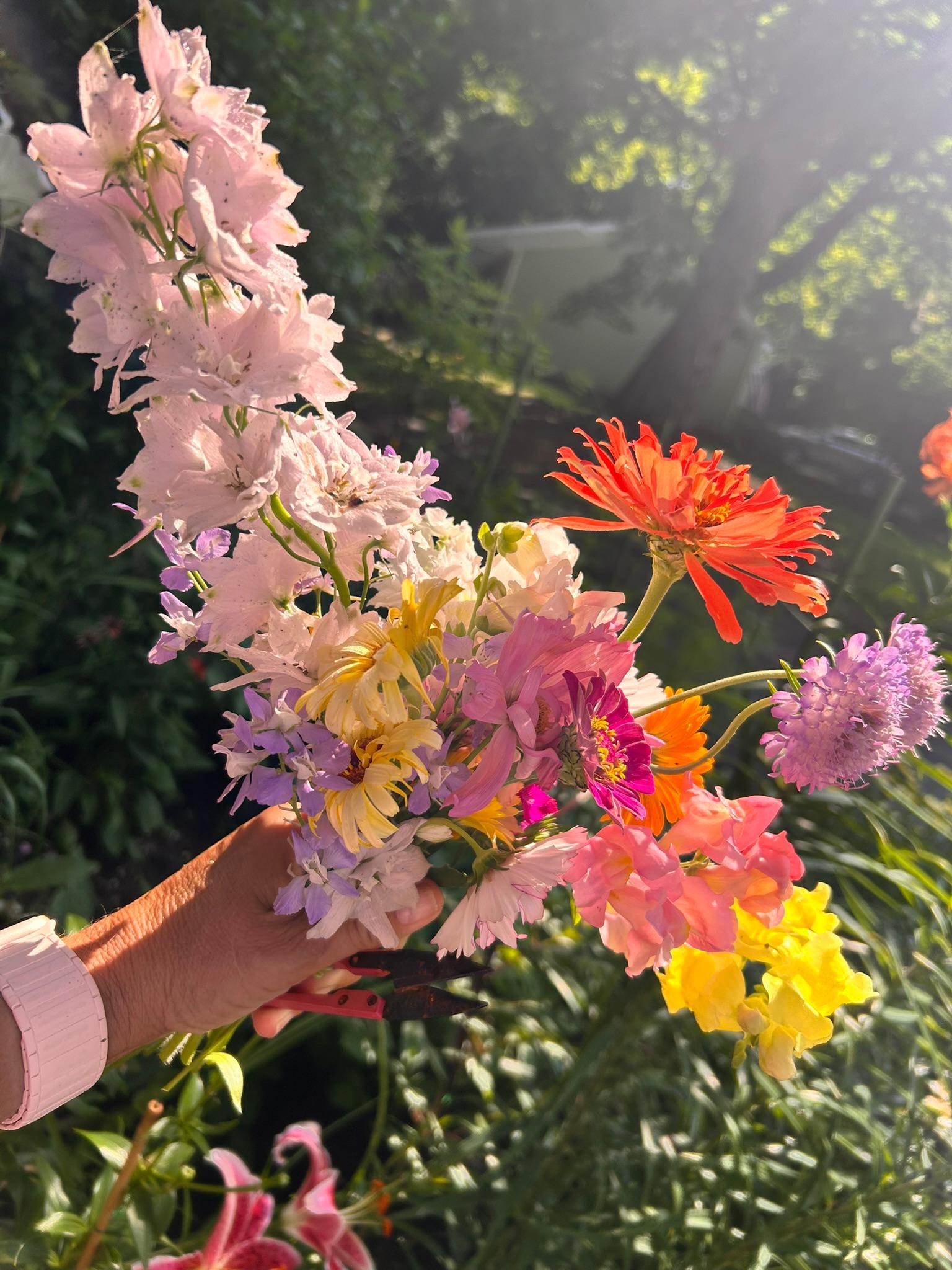 Fresh-cut pastel bouquet held in warm evening light.